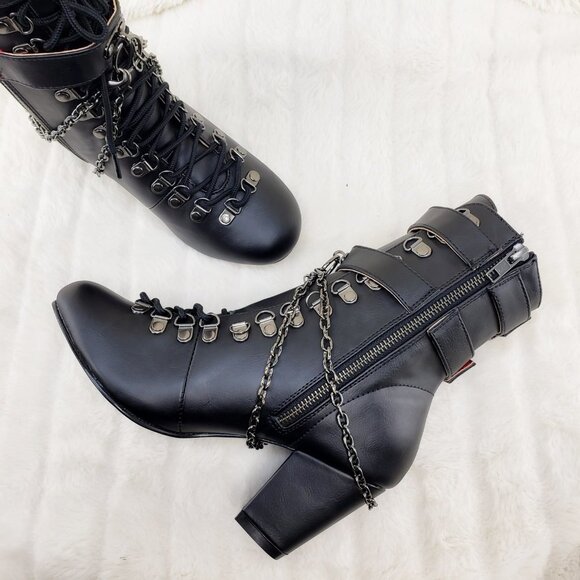 Vivika Goth Granny Ankle Boots Coffin Straps & Chain - Picture 3 of 16
